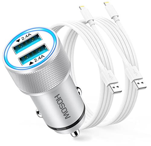 iPhone Car Charger Adapter [Apple MFi Certified],2.4A Dual USB Car Charger Car Phone Charger Cigarette Lighter Fast Car Charger iPhone with 2x Lightning Cable for iPhone 14 13 12 11 Pro Max/X/8/7/6/SE