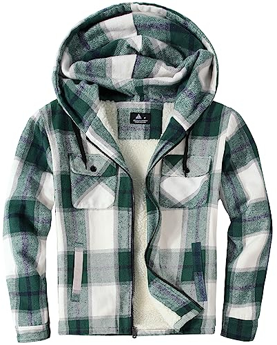 zitysport Hemdjacke Herren Hemd Sherpa Fleece Kariert Gefüttert Kapuzenpullover Fleecefutter Mantel Winter Jacke mit Taschen Flanellhemd Kariertes Männer Sweatjacke mit Kapuze(Weiß grün,2XL)