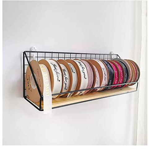 BESNUT Wandbandhalter-Organizer for Bastelzimmer, kleines Satinbänder-Lagerregal, Metallgitter-Ausstellungsregal mit Holzplatte, for Blumen-/Konditorei-Haltepapierrollen