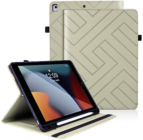 Custodia per iPad 9a/8a/7a Generazione iPad 10.2'' 2021/2020/2019 - iPad Air 3/Pro 10,5'' Smart Cover Pelle PU Flip Tasca Case Built-in Pencil Holder con Auto Svegliati/Sonno, Bianco sporco