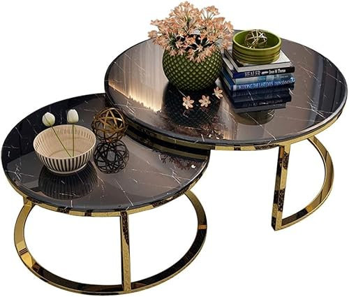 Table Basse de Salon Moderne Tables Basses pour Le Salon Salon Rond Blanc Noir Moderne Petites Tables Basses pour Le Salon Table gigogne, Plateau en Acier en Verre, Bureau de Salon Smal