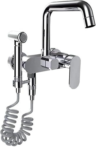 SXLSZ Miscelatore Rubinetto Cucina a Muro con Doccetta Estraibile Rame Rubinetto a Parete Cucina Miscelatore Lavello Cucina Girevole a 360°Rubinetti da Muro Cucina-Cromo