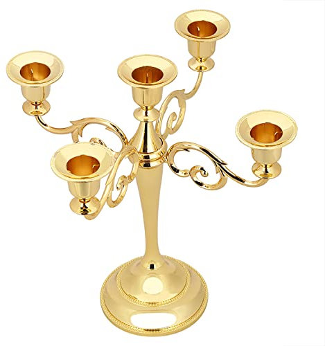 5-armiger Vintage-Kerzenständer aus Metall Zum Basteln, Kerzenständer, Metall-Kerzenhalter Im Europäischen Stil, Hochzeits-Kerzenständer für Weihnachten, Kirche, Hochzeit, Party, Urlaub,(Gold)