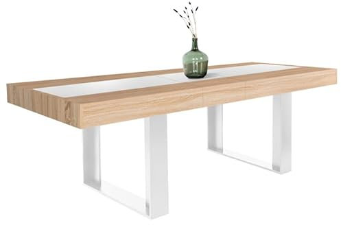 IDMarket - Esstisch, ausziehbar, rechteckig, Phoenix, 4-8 Personen, Holz und Weiß, zentrales Band, weiß, 160 – 200 cm