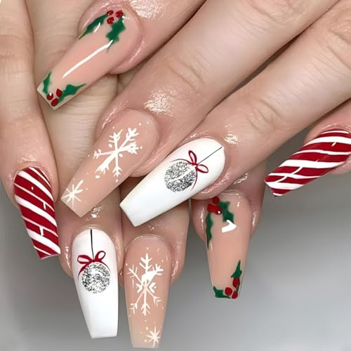 Brishow Weihnachten Nägel zum Aufkleben, Künstliche Nägel Lange, Schnee Elk Press on Nails Glitzer, Rot Falsche Nägel 24 Stück für Frauen und Mädchen (5)