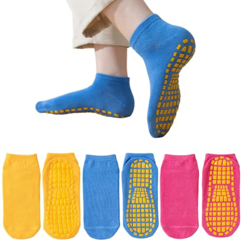 SamHeng Rutschfeste Socken für Kinder, 3 Paare Bunt Trampolinsocke Stoppersocken Stiefeletten Kleinkind Anti-Rutsch Bodensocken Slipper Socken Knöchelsocken für 5-10 Jahre Jungen und Mädchen