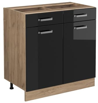 Vicco Meuble Cuisine R-Line, Noir Haute Brillance/Chêne de Force doré, 80 cm sans Plan de Travail