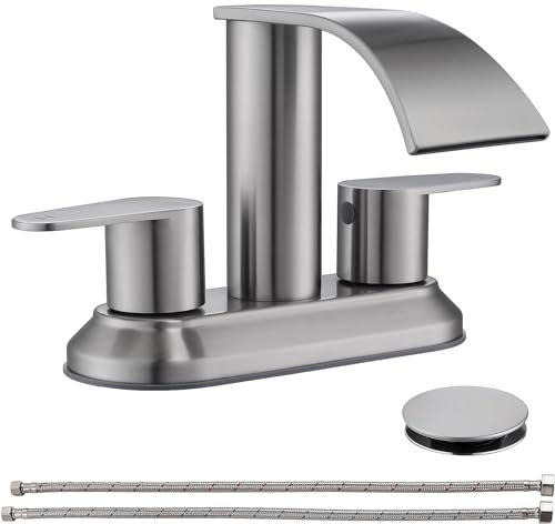 Jodulos JU-DE-201-BN Badezimmer-Armaturen, gebürstetes Nickel, 10,2 cm, Center-Set mit CUPC-Zuleitungen, Wasserfall-Wasserhahn mit 2 Griffen, Waschbeckenarmatur mit Pop-Up-Ablaufstopfen