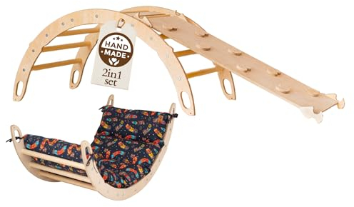 WoodsCraft Kletterbogen mit Kissen & Rutsche Indoor | Wippe Kinder & 2in1: Babyrutsche & Rampe | Holz Montessori Klettergerüst Indoor Spielgeräte & Spielplatz | Klettern Kinder Indoor & Klettern Baby