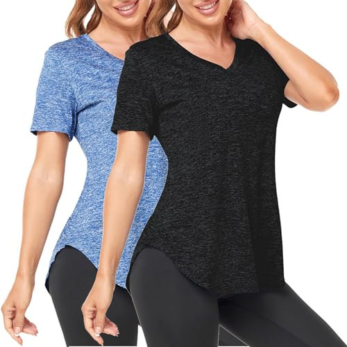 Deaviya Women's Sports T-Shirt Gym Tops V Neck UK, Short Sleeve Workout Top Running Yoga Shirts Women, Activewear Quick Dry Exercise Tops Loose Fit