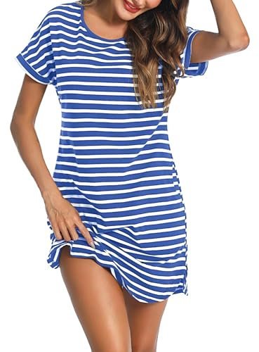 Litherday Nachthemd Damen Kurz Nachtwäsche Streifen Nachtkleid aus 95% Baumwolle Loungewear Negligee Kurze Ärmel Sleepshirt mit 2 Tasche, Blau+weiß, L