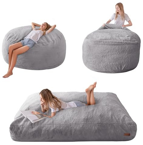 MAXYOYO Sitzsack-Bett – umwandelbar von Sitzsack-Sessel zu Bett – Schaumstoff-Sofa mit zotteligem Bezug und flauschiger Füllung für Erwachsene, Jugendliche, Gäste (Grau, Doppelbett)