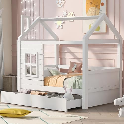 Lexiou Hausbett Kinderbett Jugendbett 80 * 160 mit Rausfallschutz vielseitiges Holz Kinderbett für Jungen & Mädchen, Massivholz Kinder Bett mit Rausfallschutz Fenster und Lattenrost