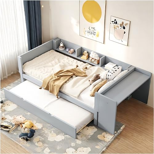 Kinderbett 90 * 200 cm mit Ausziehbett, Schreibtisch und drei Regale, Einzelbett (Grau)
