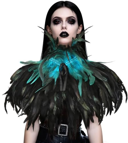 Federkragen Blau, Gothic Kostüm, Feder Cape, Federumhang, Feder Achselzucken Schal, Raben Kostüm für Halloween Fasching Karneval Cosplay Dress Up Party