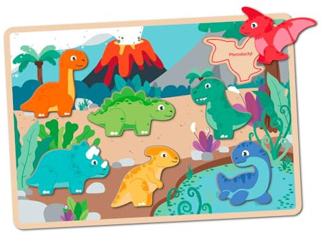 Jumini Wooden Chunky Puzzle – Eco-Friendly Toy for Toddlers, 1 year, 12 months+ Sustainably Sourced Wood, Non-Toxic Paint, UK Safety Tested (Dinosaurs)