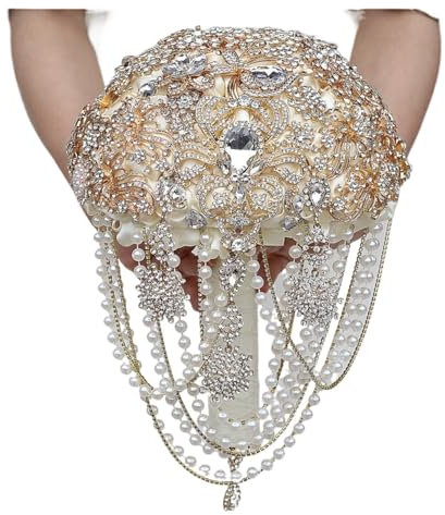 JozyS Bouquet da Sposa in Oro Champagne con Gioielli Vintage e Diamanti Acquatici - Eleganza Romantica Artigianale