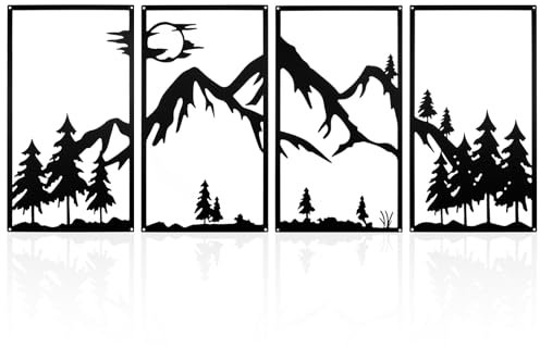 YunBey Wanddeko Berge Metall 4 Stück Wandskulpturen Metalldeko Große Berge und Wald Wandkunst Metall für Wohnzimmer Schlafzimmer Büro Garten Aussen (Schwar, 43 x 111 cm)