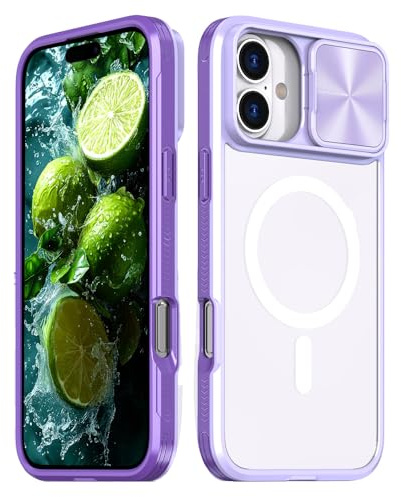Rdyi6ba8 Cover per iPhone 16, Trasparente Compatibile con Magnetica Case con [Scorrevole Protezione Fotocamera] TPU+PC Antiurto Custodia per iPhone 16 - Viola