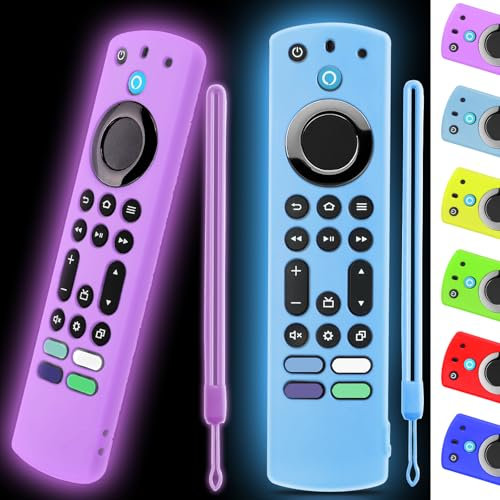 OneBom (2pcs) Silicone Remote Cover for Firetv 4K Max (2nd)/ Insignia/Pioneer/Omni (QLED) Series Alexa Voice Remote Enhanced w, Anti-Slip Protective Case with Same Color Lanyard(Glow Purple&Glow Blue)