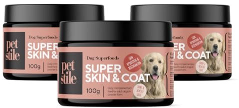 Petstile Super Skin & Coat Omega 3 für Hunde, Für gesunde Haut & glänzendes Fell, Mit Omega-6, Zink, Biotin, Vitamin E, Fischöl, Reduziert Juckreiz & Fellverlust, 100g Pulver