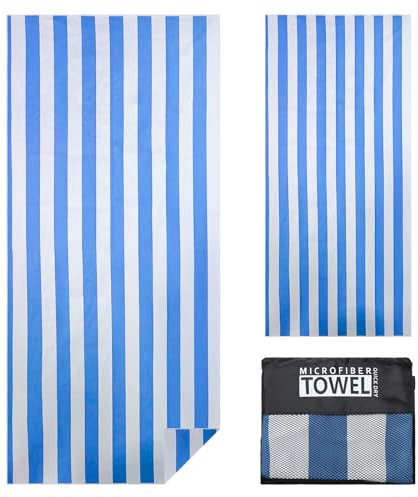 TMEOG Strandtuch Mikrofaser 180x80cm Badetuch Strand Badehandtuch Groß Sandfrei Schnelltrocknendes Strandhandtuch Dünn Strandlaken Leicht Beach Towel für Damen Herren(Blau Streifen)