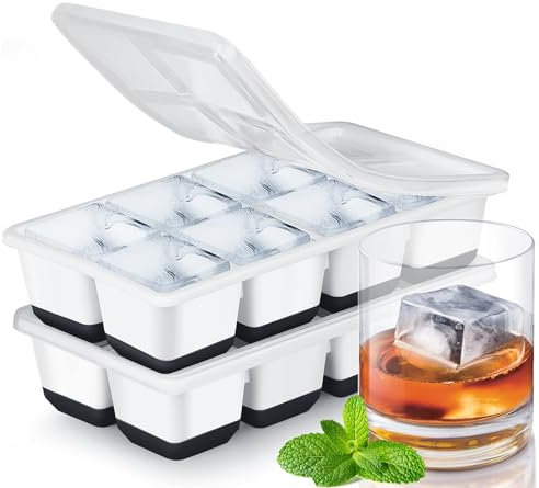 JRISBO Large Ice Cube Moulds, Square 4.5cm Ice Cube Trays with Lids, Set of 2 Big Silicone Ice Cube Tray Food Grade & BPA Free & Easy-Release for Freezer Cocktail Whiskey Drinks