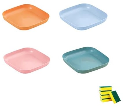 4 Piezas Plato cuadrado de plástico,Platos irrompibles aptos para postres tartas frutas ensaladas pastas,Platos plastico duro reutilizables,Apto para microondas y lavavajillas (Mezcla colore 1, 14cm)