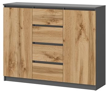 KUBUTKU Kommode Moderner Sideboard Mehrzweckschrank für Schlafzimmer Flur Wohnzimmer Büro (Grafit/Eiche Wotan, 120x97x40cm 2Türen 4Schubladen)