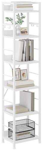 YITAHOME Bücherregal mit 6 Ebenen, Industrielles Standregal, Metallrahmen und Holzregale, Hohes Lagerregal mit 4 Haken, Präsentationsorganizer, für Wohnzimmer, Heimbüro, Weiß Regal