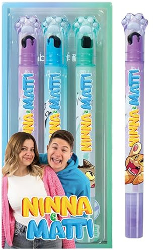 NINNA e MATTI 3 Evidenziatori Glitterati con Timbro - 3 Colori (Viola, Celeste, Verde)