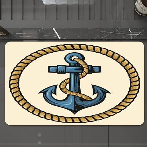 EMCLKS Badteppich rutschfeste,weicher Badezimmerteppich Badematte Badvorleger für Dusche,Badewanne und Toilette,Anker, Seemannsmotiv mit Wandseil und Anker antik maritim nautisch Deko,60x90 cm