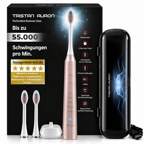 Tristan Auron Schallzahnbürste – Beste Reisezahnbürste 2025-100 Tage risikofrei testen - UV-Reiseetui & 2 Bürstenköpfe – Sanfte Schallzahnbürste mit 5 Reinigungsmodi – Business Class (Pink)