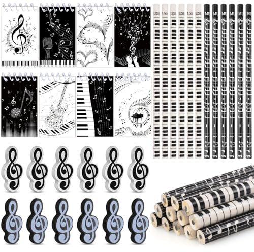 Rdlobu Lot de 32 crayons à partition, 12 crayons de musique, 12 gommes musicales et 8 carnets de musique pour anniversaire d'enfant, cadeaux d'invités, écriture