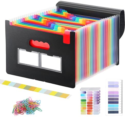 Expanding File Organisers, Document Organiser with 24 Pockets, Portable Accordion Folder File, A4 Filing Folders Plastic Wallets Storage Box with Lid, Labels and Clips (Black-D)