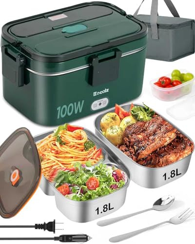 Eocolz Electric Lunch Box Food Heater 100W, Food Warmer with Dual Container 1.8L Portable Heated Lunch Box for Car Truck Work Stainless Steel Fork & Spoon 12/24/110V Adult Lonchera Eléctrica (Green)