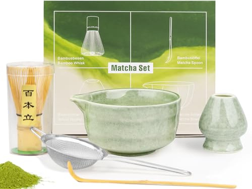5 Pcs Matcha Set,Green Ceramic Matcha Whisk Set Gifts for Matcha Lovers | Matcha Kit Includes Matcha Bowl with Pouring Spout, Matcha Whisk (Chasen) and Holder,Sifter,Bamboo Scoop - Gifts for Women