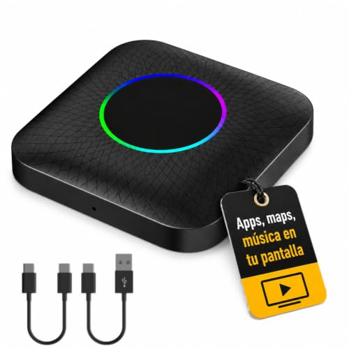 AUVRA AI Box Adaptador CarPlay Inalámbrico y Android Auto, RAM 4GB+64GB | Para Coches con CarPlay o Android Auto por Cable, Android 13, Apps, GPS, SIM 4G, WiFi 2.4/5GHz y microSD hasta 512GB