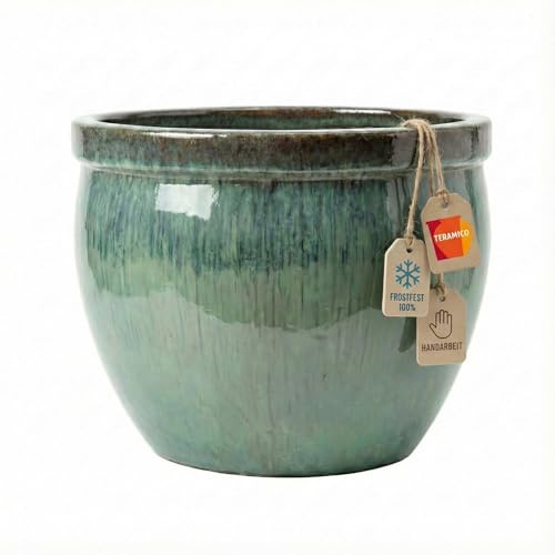 Teramico Pot de fleurs en grès fait à la main - En céramique résistante au gel - Avec trou de drainage - Dimensions du pot résistant aux intempéries - Idéal pour l'intérieur et l'extérieur - Vert - 37