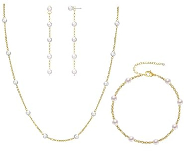 Fezodo Schmuck Set, 18K Gold Vergoldet Perlenkette Damen Wasserfest Perlenohrringe Verstellbares Armband Perlen Brautschmuck Halskette Damen Gold Schmuck für Frauen