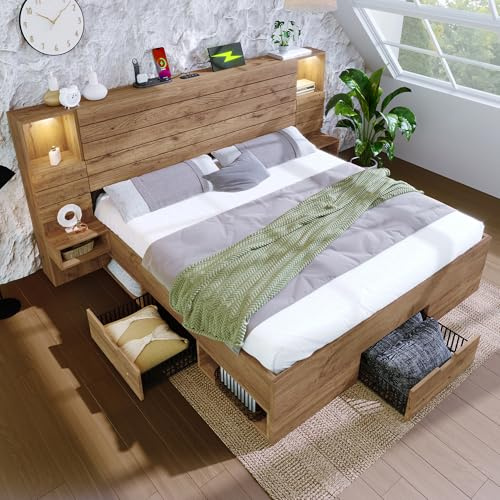 Lubvtti Cama de matrimonio de madera con focos LED, USB+Type-C,nicho iluminado,mesitas suspendidas,cajones,estructura de la cama de matrimonio con almacenamiento (E-roble, 160 x 200)