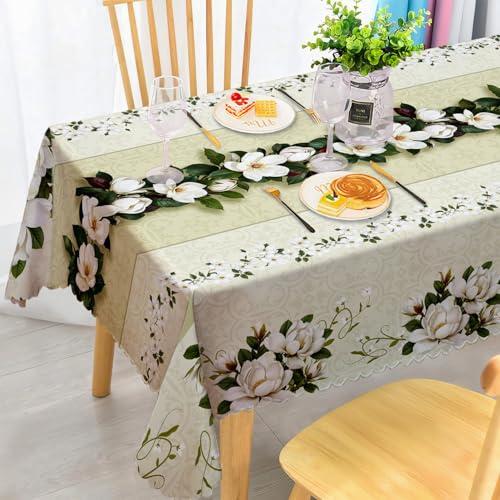Tischdecke Rechteckig Wetterfest Abwaschbar - Polyester Magnolia Floral Muster - Outdoor Tischdecke für Garten Küche Esszimmer Balkon - für 4-6 Personen - Wasserdicht & Langanhaltend - 140x180 cm