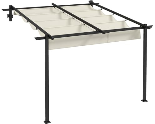 Anbaupavillon 3x3m Wandmontage Pergola mit Verstellbarem Dach, Terrassenüberdachung Stahl Winddicht, Pavillon für Terrasse Garten Balkon, 297x297cm, Creme