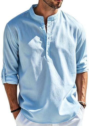 Cegerne Camicia Lino Uomo Maniche Lunghe Estiva Leggera Traspirante Henley Casual Maglietta Casacca Vacanze Spiaggia, Blu, 3XL