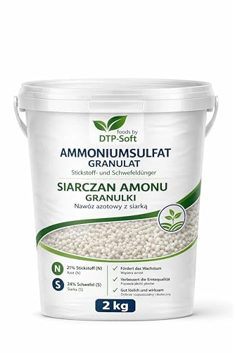 DTP-SOFT Ammoniumsulfat 2kg - Stickstoffdünger und Schwefeldünger im Eimer - Ammoniumsulfat Dünger für Heidelbeeren, Moorbeetpflanzen, Rhododendren, Azaleen und Gartenpflanzen - Dünger für kräftiges W
