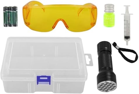 Abaodam 1ensemble Kit Détecteur de Fuite Clim Voiture avec Lampe UV Fluorescente Outils de Test Précis et Lunettes de Protection Compatible Multi-modèles Réparation Rapide et Fiable