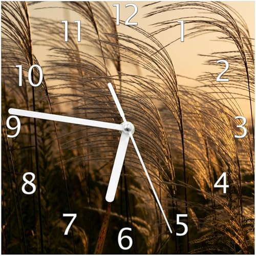 Wallario Design-Wanduhr Schilf im Wind aus Glas, Motiv-Uhr Größe 20 x 20 cm, weiße Zeiger