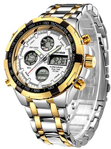 Affute Orologio sportivo digitale al quarzo, analogico, da uomo, cronografo con grande quadrante, in acciaio INOX, orologio da polso impermeabile