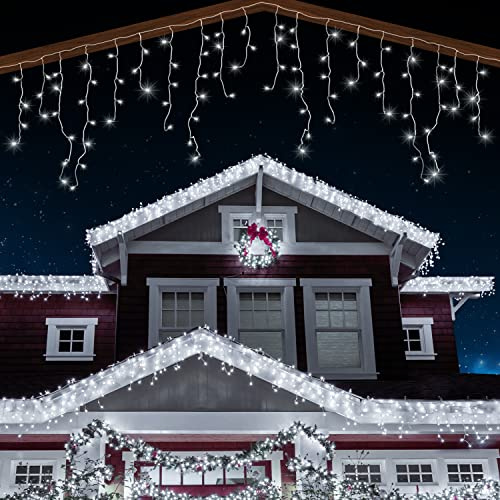 ANSIO Luci Natale Esterno Cascata 17.4m 500LED BiancoFredda CavoTrasparente | Per uso interno ed esterno, ideale per mantello, balcone e decorazioni natalizie