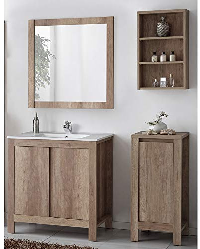 Lomadox Badezimmer Möbel Set 4-teilig ● Holzoptik Country Eiche Nb. ● 80cm Waschtisch-Unterschrank mit Keramik-Waschbecken ● Wandregal, Unterschrank & Spiegel